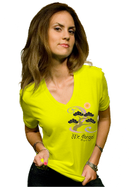 female in yellow v neck t shirt with Mt. Angel tree logo on it
